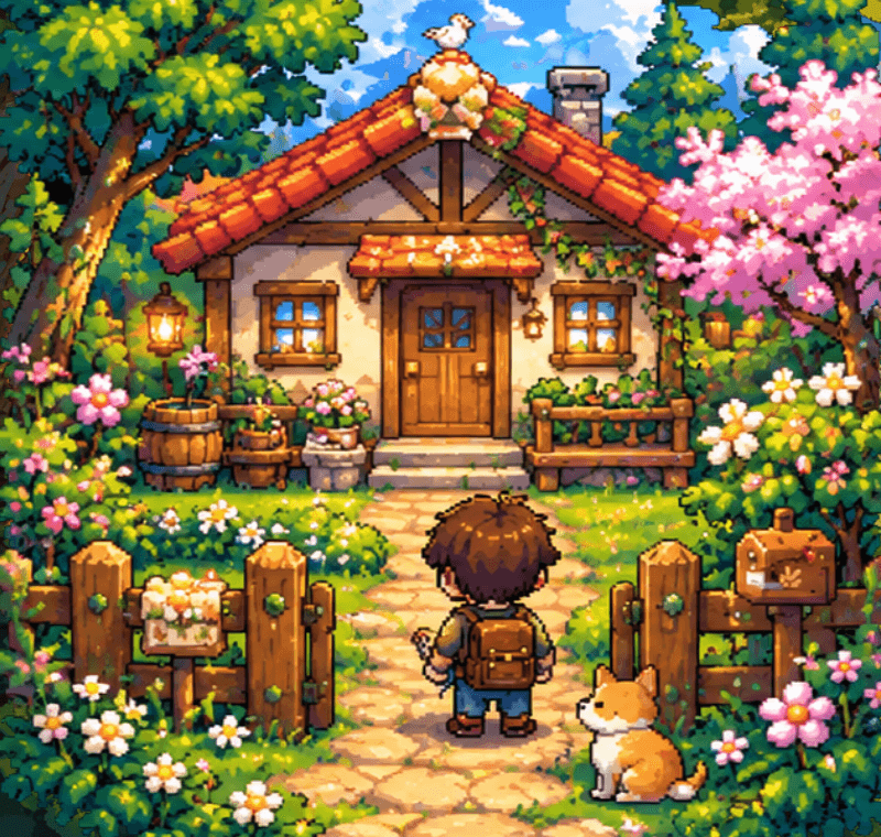 บ้านสวนหลังเล็กหลังคาสีส้มท่ามกลางดอกไม้ จุดเริ่มต้นของผู้เล่น
